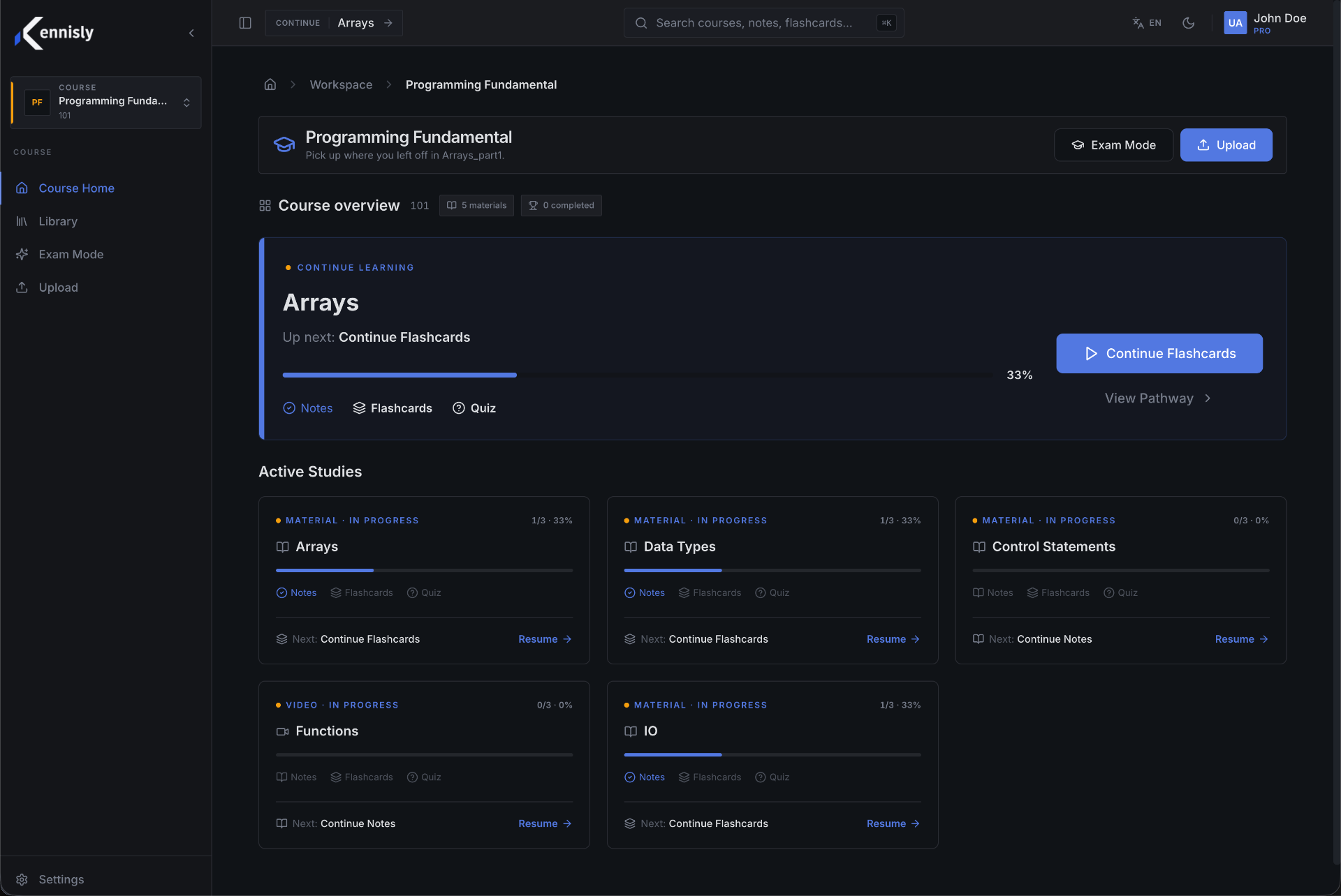 Kennisly app — dark theme
